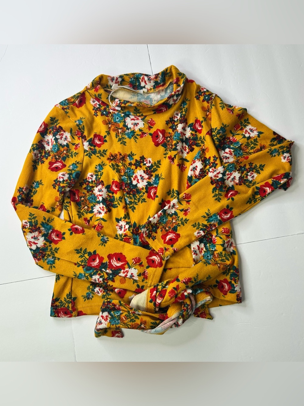 Floral Long Sleeves Women's Top - Mustard Multicolored S